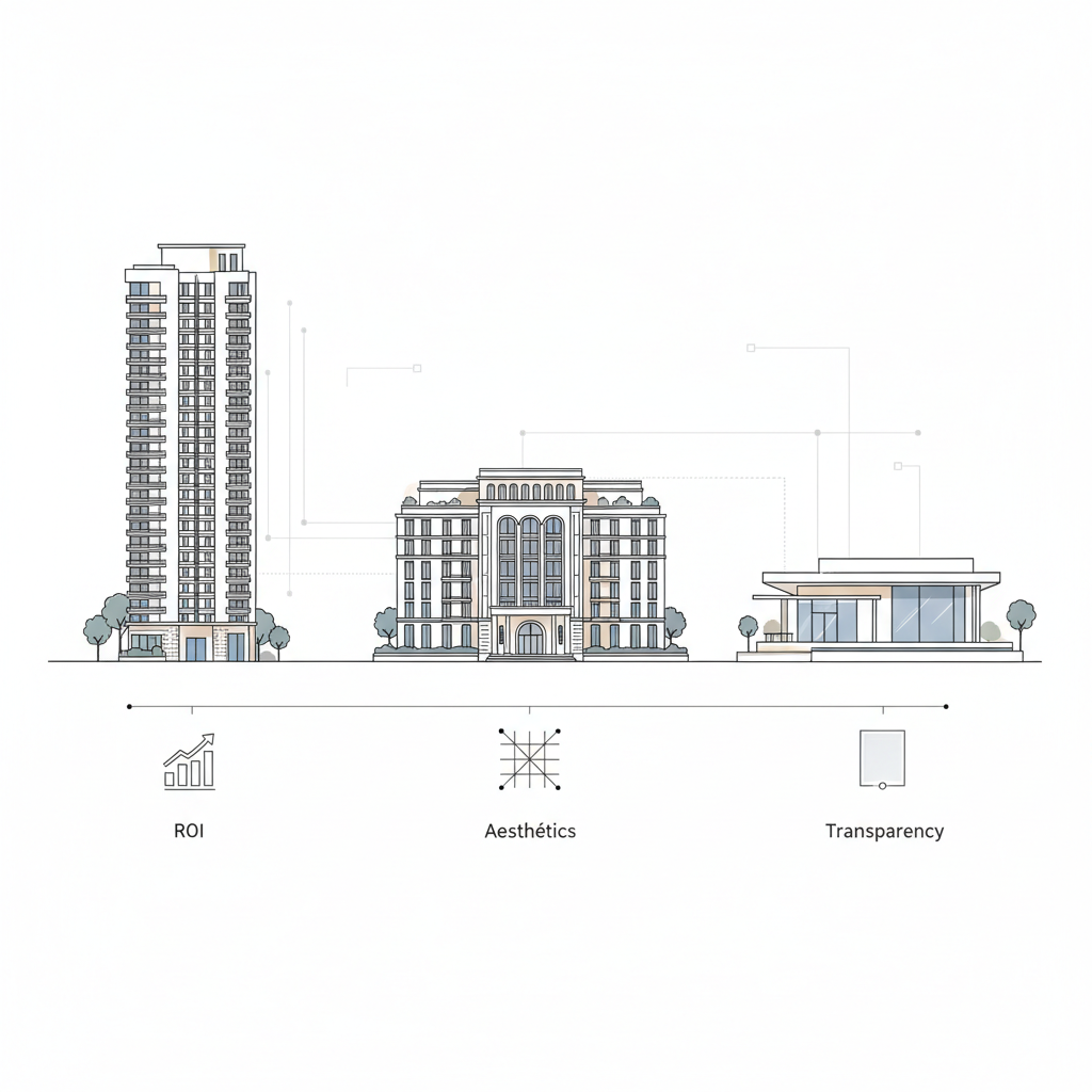 Sophisticated line-art illustration of three distinct property types aligned horizontally: a sleek high-rise tower, an elegant mid-rise residential building, and a minimalist luxury villa. Each structure is drawn with meticulous architectural detail using fine black lines, accented by restrained touches of soft beige and slate gray. Beneath each property, subtle line-art icons represent ROI, aesthetics, and transparency as small symbols like a growing bar chart, a balanced composition grid, and a clear glass pane. The background remains mostly white with faint, geometric patterns suggesting data and strategy. Front-facing, symmetrical composition with even, implied studio lighting, producing a clean, editorial feel ideal for explaining a refined property portfolio.