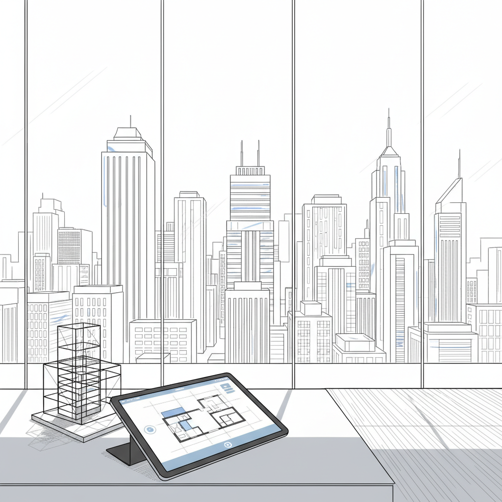 Elegant line-art depiction of a modern city skyline viewed through a large frameless glass wall from a high-end interior. In the foreground, a minimalist desk is drawn with precise, thin lines, holding a tablet displaying a stylized floor plan and a small, geometric building model. The skyline features clean, rectangular towers and a few distinctive landmark silhouettes, all rendered in monochrome line work with sparse accents of muted blue. Implied daylight streams in from the right through subtle line-weight variations and gentle shadow hatching on surfaces. The composition follows the rule of thirds with a calm, spacious atmosphere, evoking transparency, professionalism, and a high-level perspective on the real estate market.