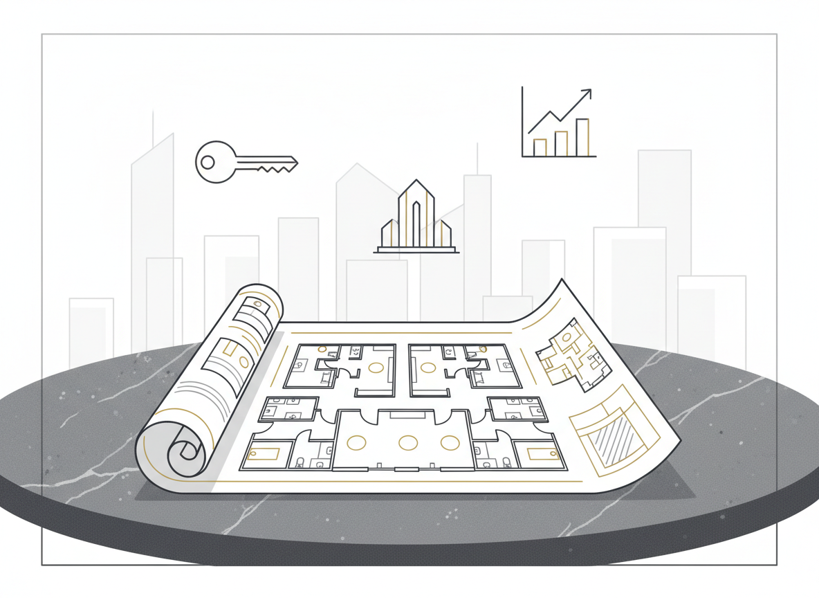 Minimalist line-art illustration of a premium real estate blueprint unfolded on a sleek, dark stone table. The blueprint shows clean, geometric outlines of modern apartments and commercial spaces, drawn with ultra-fine lines in deep charcoal and subtle accents of muted gold. Around it, precise line-art icons of a key, a stylized building, and an upward-trending investment graph float in the negative space. The background is an airy, abstract suggestion of a city skyline in thin strokes. Lighting is implied through slightly thicker contour lines and soft crosshatching shadows, creating depth while preserving a refined, monochrome aesthetic. Eye-level composition, balanced and centered, conveys sophistication, clarity, and strategic thinking for an innovative realty brand.