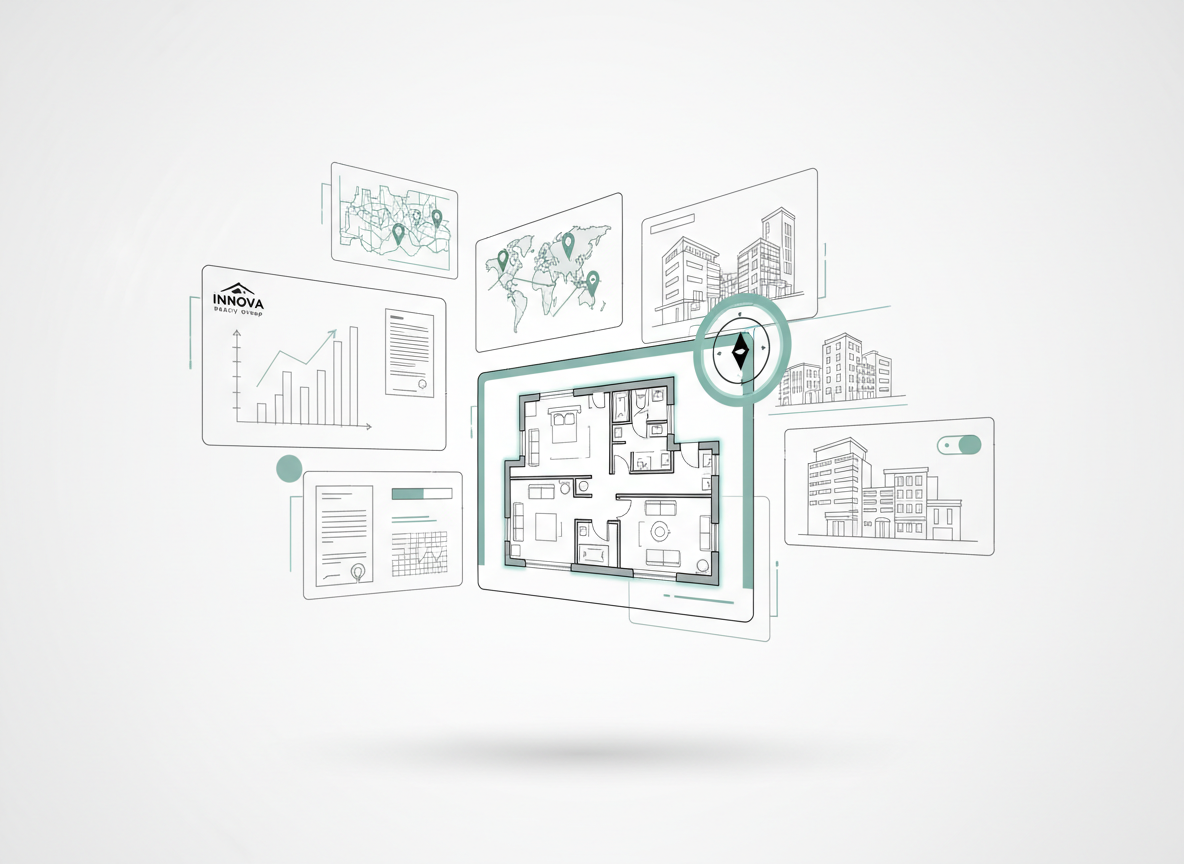 Conceptual line-art scene of a stylized real estate "control center" dashboard, floating in a minimal white space. Multiple overlapping panels show simplified outlines of bar charts, location pins on abstract maps, building silhouettes, and contract documents, all rendered with crisp, uniform lines. A central, larger panel displays a clean floor plan and a highlighted property outline. Sparse accent colors in cool grays and muted teal emphasize key elements without clutter. Light is suggested through subtle shadow lines beneath each panel, creating a sense of layering and hierarchy. The image is composed from a slightly elevated angle, giving a clear, organized overview that communicates Innova Realty Group’s data-driven, disruptive methodology in a sophisticated, tech-forward way.