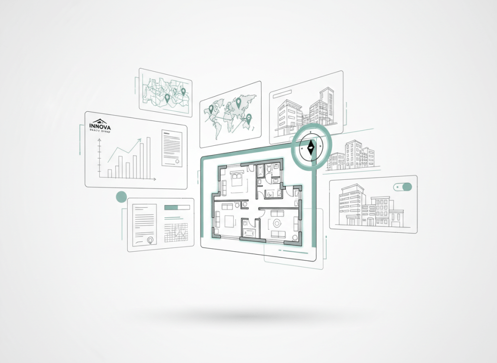 Conceptual line-art scene of a stylized real estate "control center" dashboard, floating in a minimal white space. Multiple overlapping panels show simplified outlines of bar charts, location pins on abstract maps, building silhouettes, and contract documents, all rendered with crisp, uniform lines. A central, larger panel displays a clean floor plan and a highlighted property outline. Sparse accent colors in cool grays and muted teal emphasize key elements without clutter. Light is suggested through subtle shadow lines beneath each panel, creating a sense of layering and hierarchy. The image is composed from a slightly elevated angle, giving a clear, organized overview that communicates Innova Realty Group’s data-driven, disruptive methodology in a sophisticated, tech-forward way.